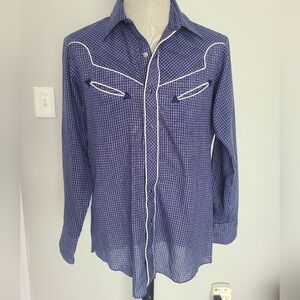 Karman Retro Vintage Western Shirt Blue Gingham with Pearl Snap Buttons